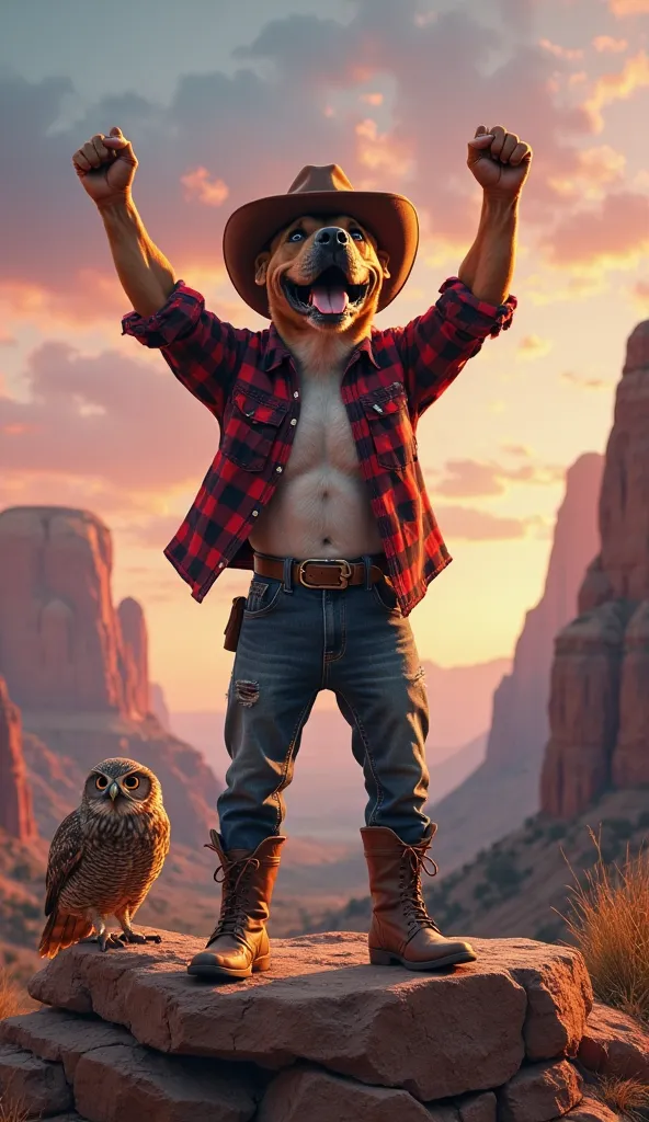 "A highly realistic and anthropomorphic pitbull standing triumphantly on a large rock in the middle of a dramatic canyon, fully dressed in a rugged cowboy outfit. He wears a brown leather cowboy hat with a slightly tilted brim, a red-and-black plaid shirt ...