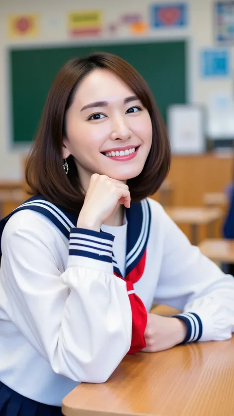  big smile,Sailor uniform (long-sleeved white sailor-coloured shirt, red neckerchief, navy blue pleated skirt),face close-up,classroom,one beautiful woman