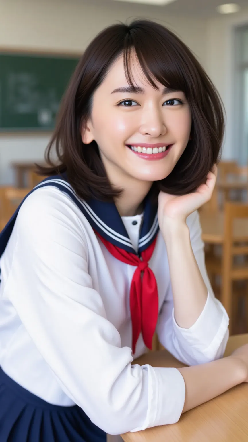  big smile,Sailor uniform (long-sleeved white sailor-coloured shirt, red neckerchief, navy blue pleated skirt),face close-up,classroom,one beautiful woman