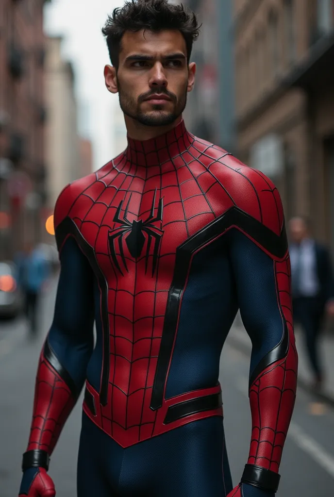 Brown skinned male superhero in his early thirties with short hair and a light beard. He is wearing a spiderman like suit in darker tones. The suit itself has sailor moon inspirations, including the skirt and skin shown. The colors of the suit have dark to...