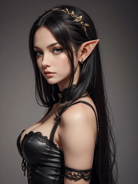 (best quality), 1girl, female, pale skin, (black hair), long hair, straight hair, grey eyes, perfect eyes, (elf), pointed ears, fantasy dress, stylish, elegant, serious, normal bust, masterpiece, anatomically correct, highres
