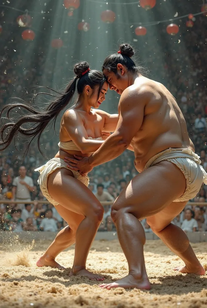 2 persons、a masochistic girl and a sadistic man、japanese sumo-wrestlers、long black hair、twin tails、whole bodies、wearing white leotards、playing a sumo match、on the dohyo circle