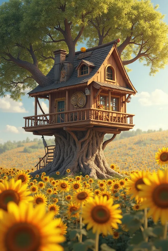 Treehouse surrounded by a field of sunflowers
