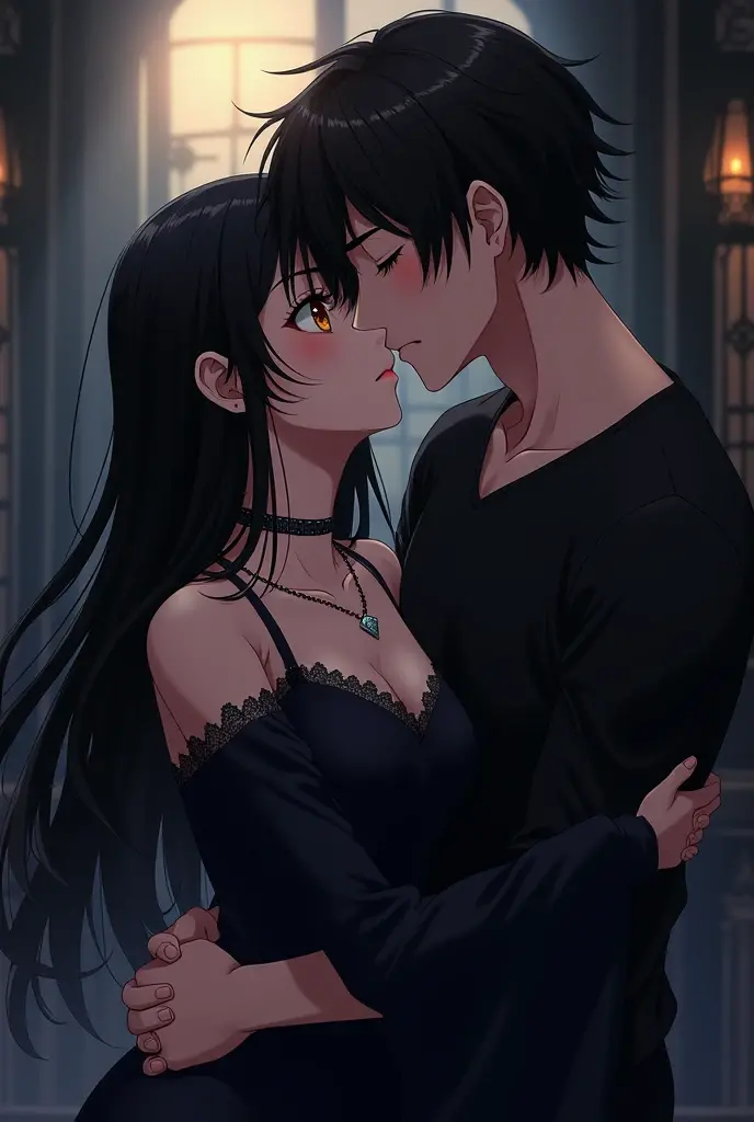 anime style, 1 girl 1 boy, gothic girl with a emo boy, blowjob, girl sucks the boy's cock, coulple, girl black hair long, blunt fringe, naked boobs, coverl, sex, oral, sex couple