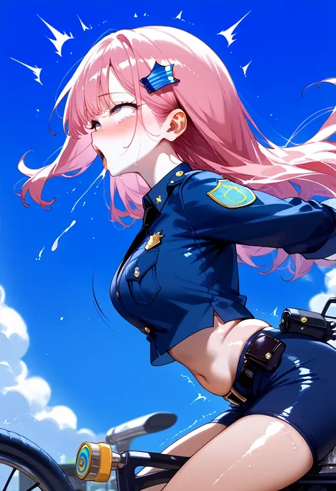 masterpiece, high resolution, best quality ,8k(((White skin, shiny skin)))
( police uniform)(riding a rodeo machine)
1 girl,pink  hair,hair pin,
(trembling,bouncing,motion blur)
((rolling eyes,orgasm))
(sound effects)
(police bike),side view,(((rating_safe...