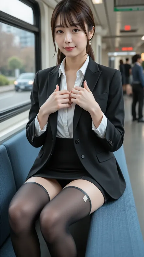   top quality,Photogenic Clarity,8K ultra-high resolution, best image quality 、masterpiece,   Very detailed  , 詳細なclothingの特徴 ,    and legs raised,high resolution models , A woman sits on a long seat in the subway and opens her legs in an M shape,sexy woma...