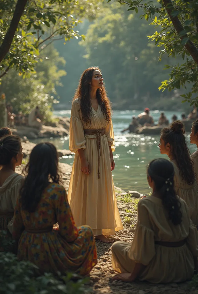  People gathering around to listen to her music – Passersby stopping, sitting near the riverbank, mesmerized by her singing.