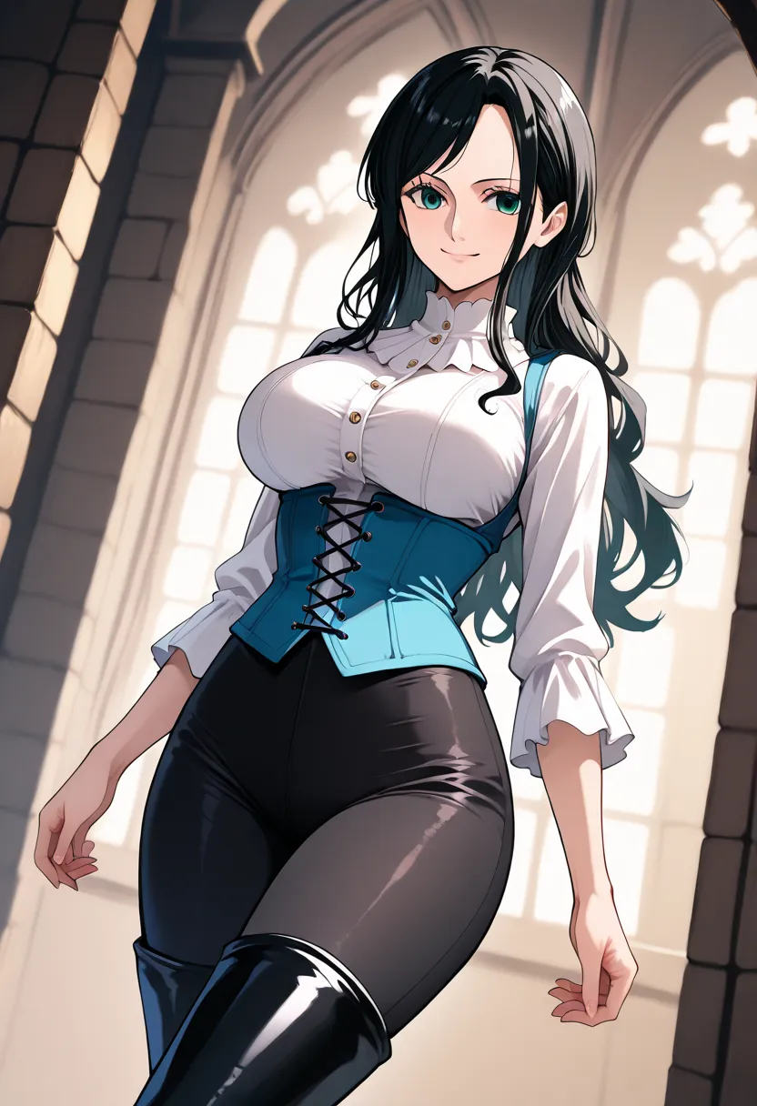 1 girl, ONLY one character, nico robin, nicogold,green eyes, long hair, black hair, in a castle, medieval queen, medieval noble, black pants, black tight pants, black boots, thigh boots, fantasy magician outfit, dominant, confident, underbust with a humili...