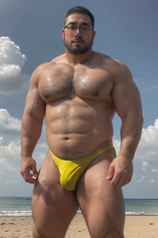 A chubby musclebear man, Japanese, (7 daddy:1.1), 1 man, Solo, ( He's wearing a micro fluorescent yellow thong), (big shoulders), musculature, strong physique, hairy, chubby and stout, stubbles, (Detailed body), realistic eyes, glasses, deadpan, looking at...