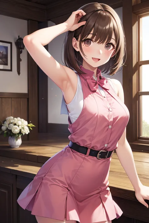 anegasaki nene, shiny brown short hair, beautiful brown eyes, smiling face, sparkling pupils, (fine grain), highly detailed eyes, highly detailed face, highly detailed eyes,, (masterpiece:1.2, best quality), ((only1 girl)), cowboy shot,cowboy shot,, 




(...