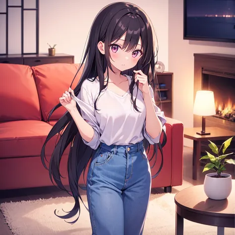   night 、living room at home、cute dark-haired girl in casual clothes、the girl is standing and looking forward、There's no one but a girl、 definitely 、Hands do not move