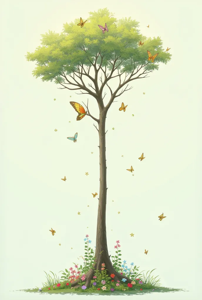 Thin tree trunk with butterflies and flowers 