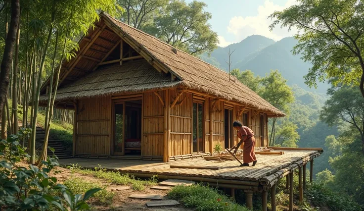 A skilled woman carefully constructing a breathtaking bamboo house in the serene highlands, surrounded by lush greenery and traditional craftsmanship—Sustainability