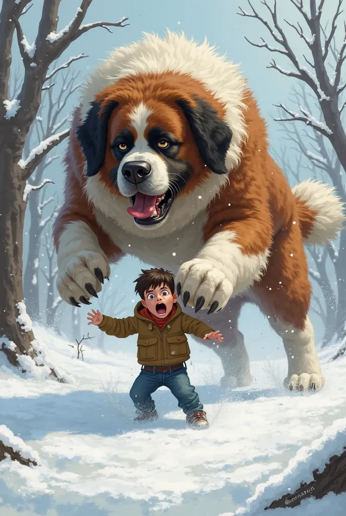 draw how a big dog jumped on a  boy in winter and the boy was scared