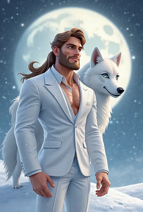 Create me a character in white suits with glitter, in cartoon style, in cartoon style, brown hair, a bit of matte skin, blue eyes with a bit of a beard and behind a white wolf with the moon in cartoon mode 