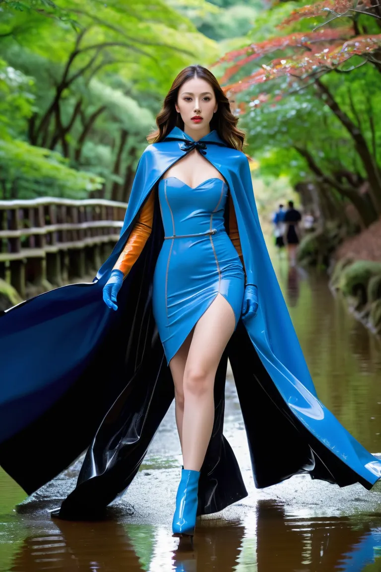 japan women hood up latex coat with long sleeve cape and latex long wide Skater skirt very higth latex heel and latex gloves with equipped hidden blade in medieval japan Arashiyama in summer, and walk ,4K sophisticated and highly detailed, ultra hd, realis...