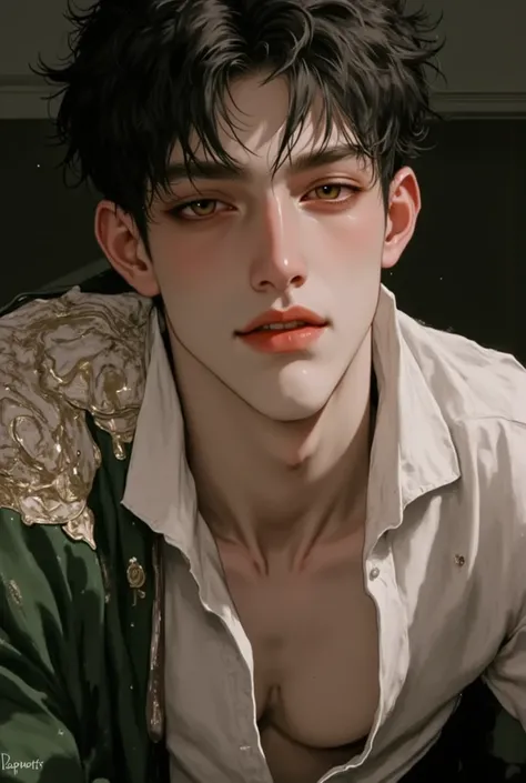 (masterpiece), (best quality), 1man, solo, male, side part hair, black hair, dreamy amber eyes, chiseled jawline, muscular, modern student, modern uniform, arrogant, confident, playful, classroom background, forehead, majestic, aesthetic, ethereal, handsom...