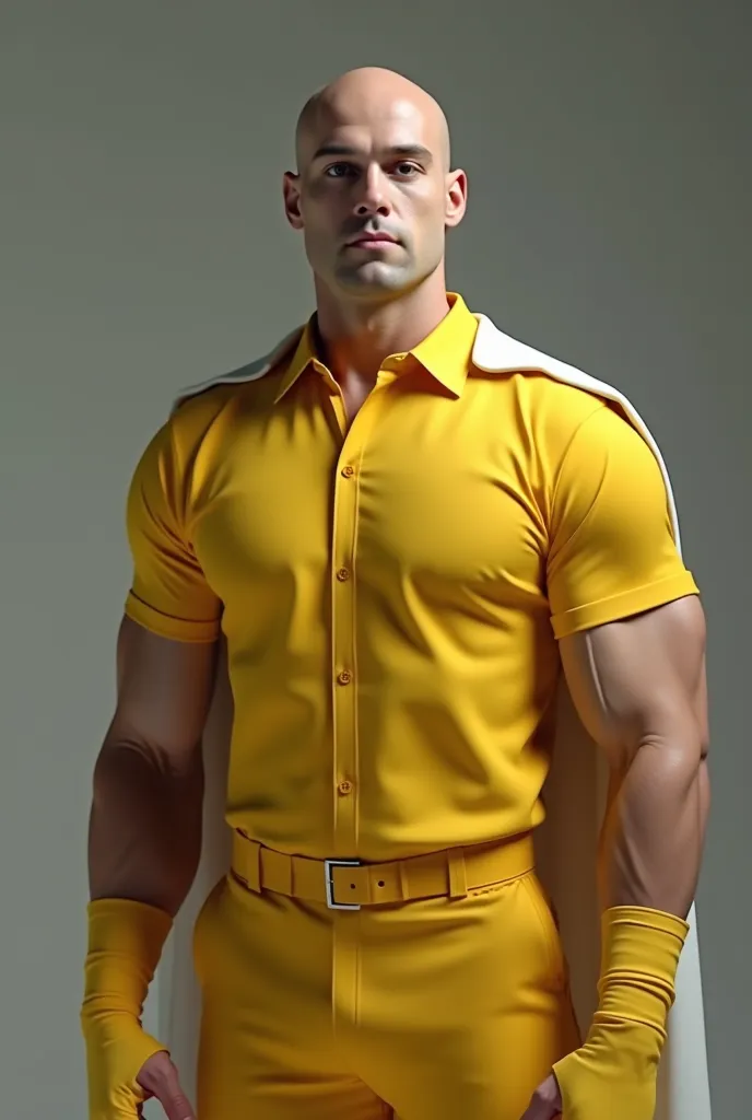 "Ultra-realistic 8K Cinematic Image, 9x16 full body standing" a bald man, strong 
Muscular body, image but simple appearance
Rounded eyes and neutral expression
Wears a yellow uniform with a white cover. Ultra realistic cinematic image prevents the entire ...