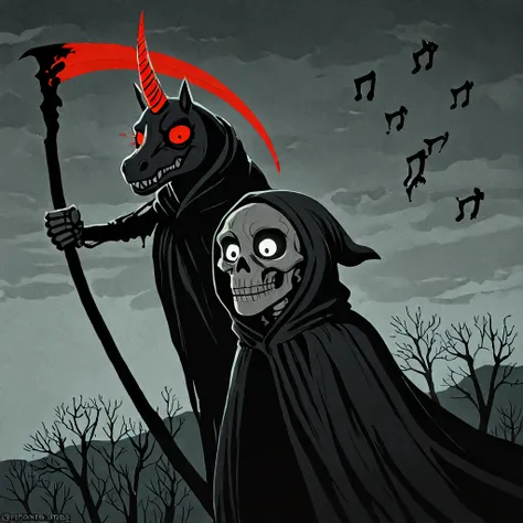 Gloomy grim reaper riding a black bloody unicorn pokemon