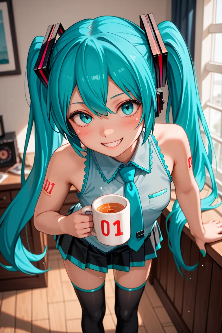 (Highest quality), (8k detailed), ( masterpiece), masterpiece ,(1 person:1.5) , woman ,  Hatsune Miku ,  turquoise hair  , twin tails from above ,  create a perfect body line  , Hot body ,  red 01 tattoo on one upper arm ,  exact finger , Light effects ,  ...