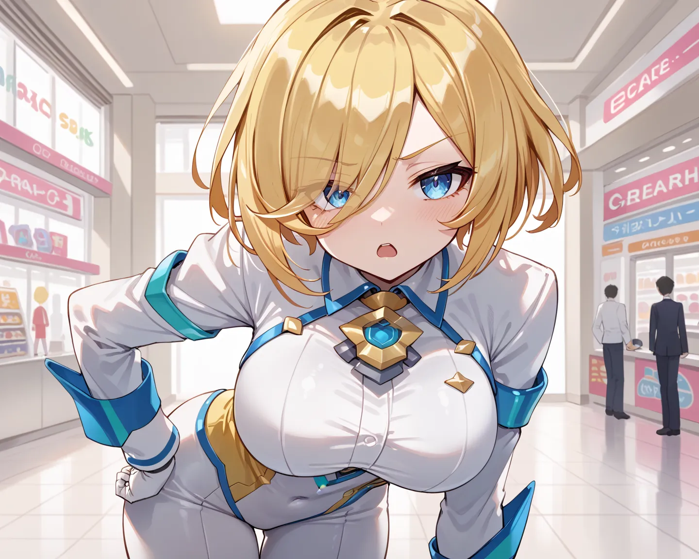 score_9_up, score_8_up, score_7_up, 1girl, solo, source_anime BREAK 

Blonde hair, short hair, hair over one eye, blue eye, emotionless face, bored face, large breasts BREAK 

(Mechamusume, android girl), (two-tone suit, white suit, yellow suit), nechanica...