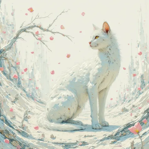 Delicate and fantastic 、 Munchkins 、Watercolor painting with less realism、There are pale pink petals fluttering around the cat、The cat's eyes are yellow、Graceful profile、mystical light colored background