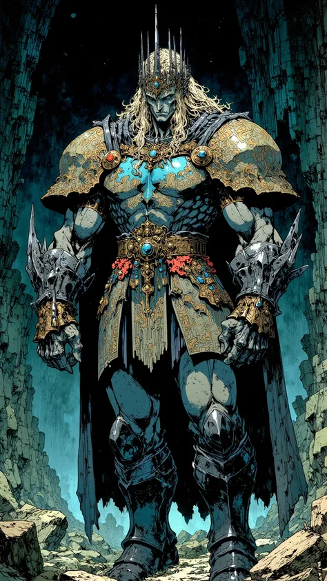  masterpiece, 8K cinematic comic style by Bernie Wrightson and Mike Mignola, An elf, With a sturdy body and arms marked by runes, Korvaan wears a gray-blue breastplate with reinforced coral shoulder pads. Your look, severe and charged with judgment, Impose...