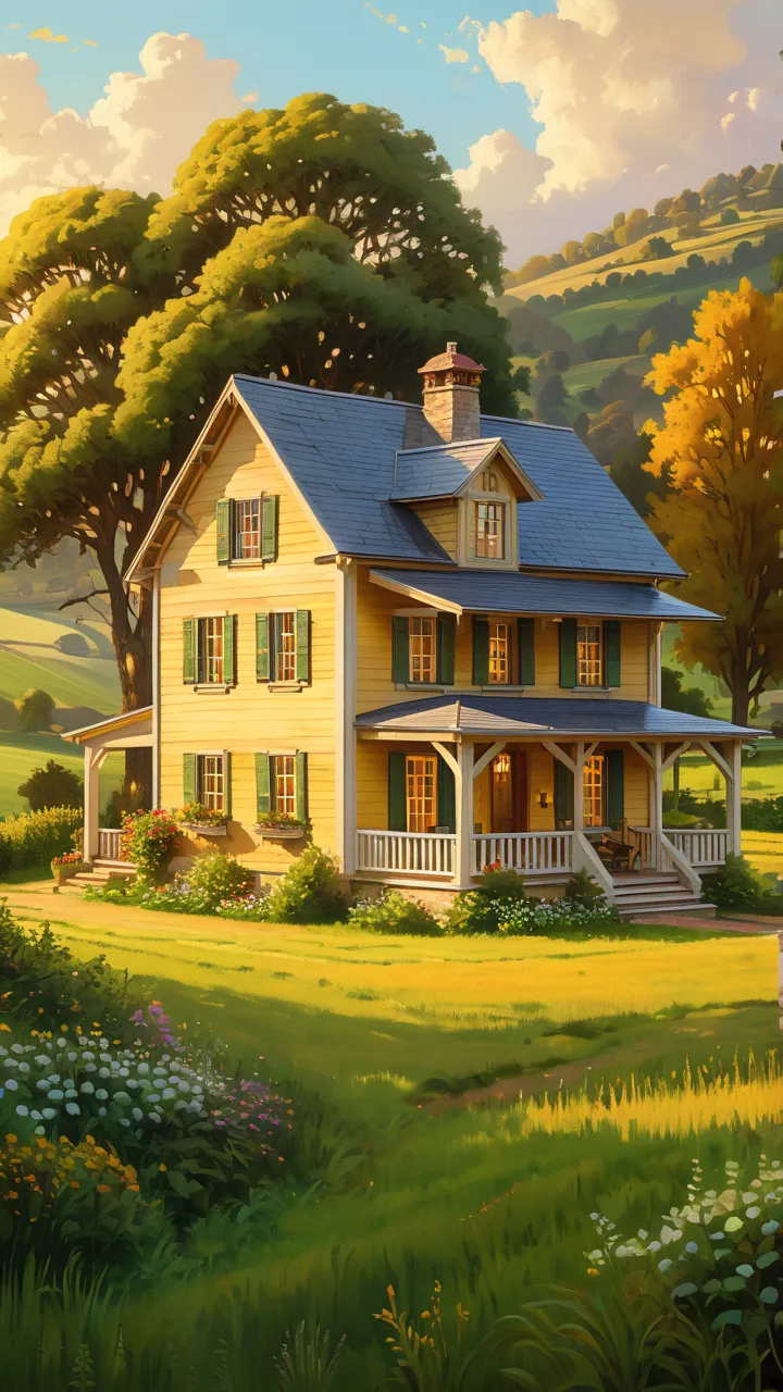 I want a painting of this house but with less green trees and more details .