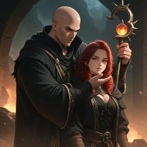 imagine a male bald no hair human rogue in black pirate clothes, hand to hand with a female redhead curly hair female sorcerer.