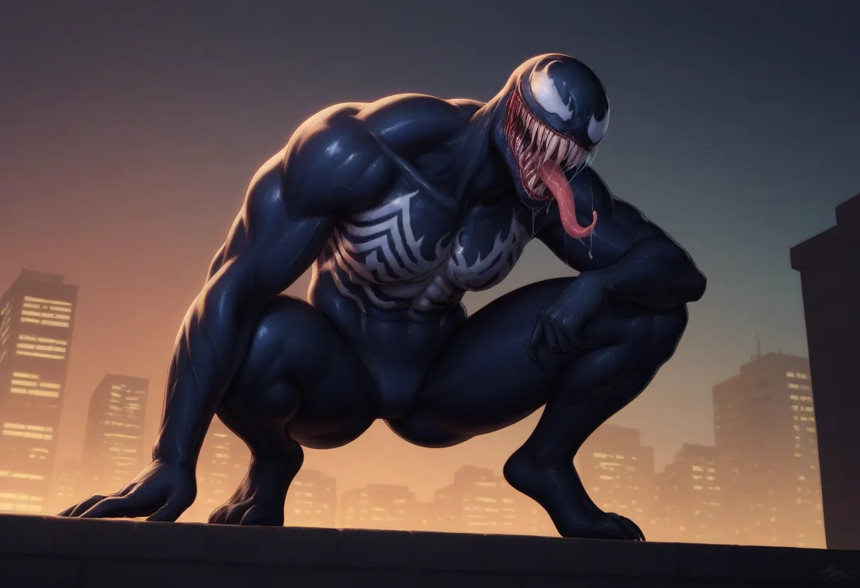 venom, strong, tongue, saliva, squat, protruding crotch, roof, night, highly detailed, 8k, hyper realistic, photorealistic, marvel comics, venom symbiote, alien creature, drooling, menacing expression, muscular body, crouching pose, night sky, city rooftop...