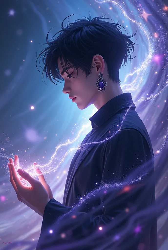 Make an image of a black-haired young man black earrings elevating your cosmos energy 