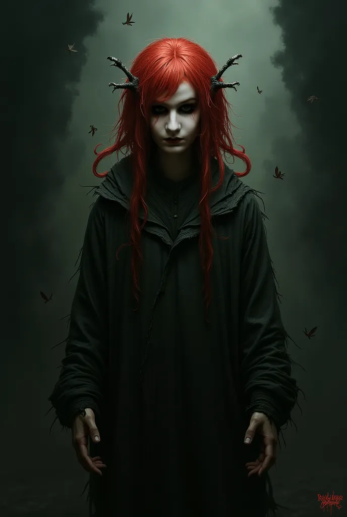 A man with long red hair with some white highlights. Pale, whitish eyes, youthful face. He must be wearing an old, torn robe, your arms should be like the paws of an insect.  The image must be dark  