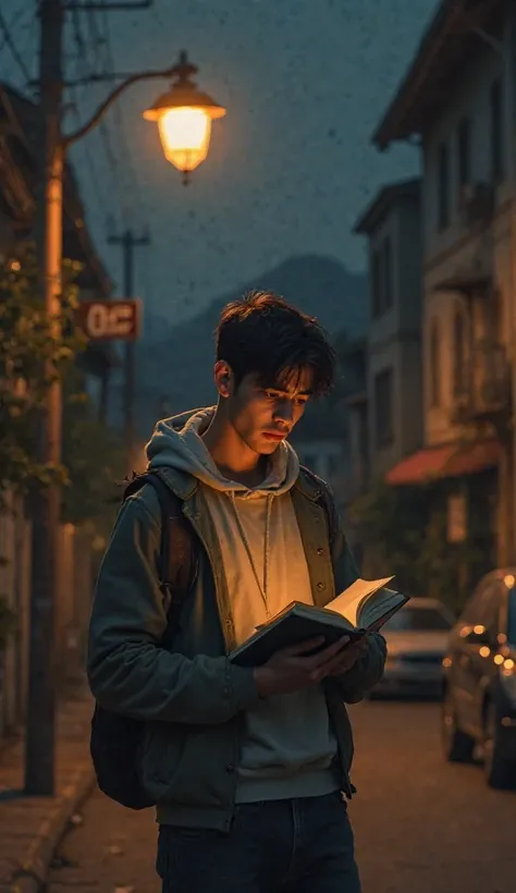 Generate image of 28 years man is reading under Street light