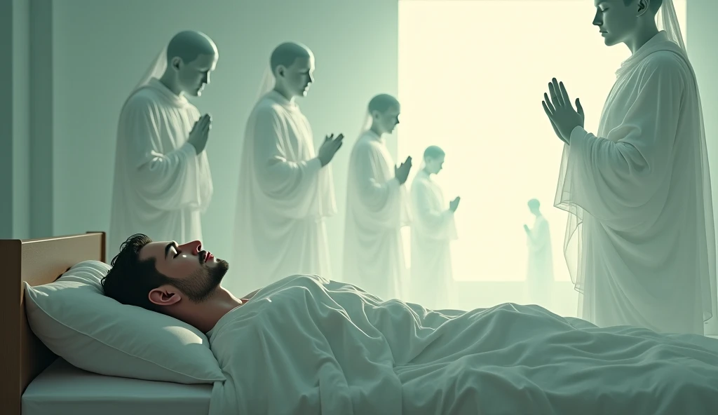 A man is sleeping on a bed, surrounded by souls of men in transparent white robes standing and praying, place in the bedroom room