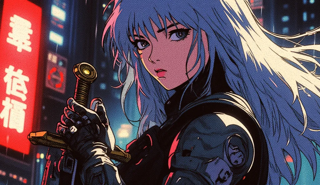 A retro anime cyberpunk samurai girl in a dramatic close-up shot, her determined eyes glowing red beneath her cybernetic visor. Her long silver hair flows in the wind, and neon lights reflect off her metallic armor. Her cyber katana hums with electric ener...