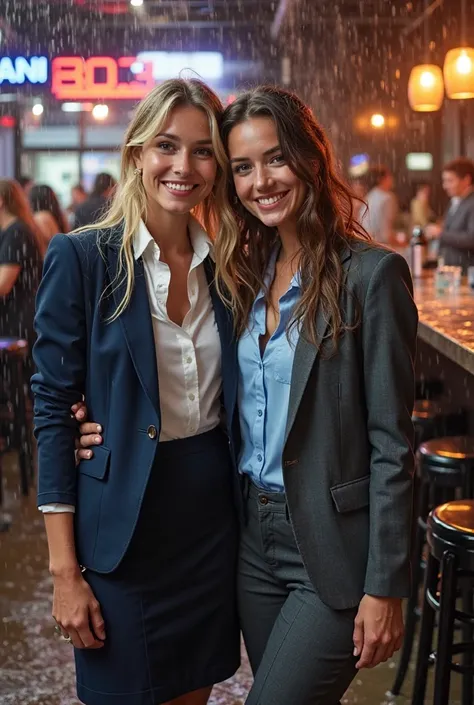 two soaking wet happy young white women posing together in a night club flooded with soapy water. the blond one on the left is wearing a dark blue business suit with knee length A-line business skirt. her jacket is unbuttoned showing a white soaking wet lo...