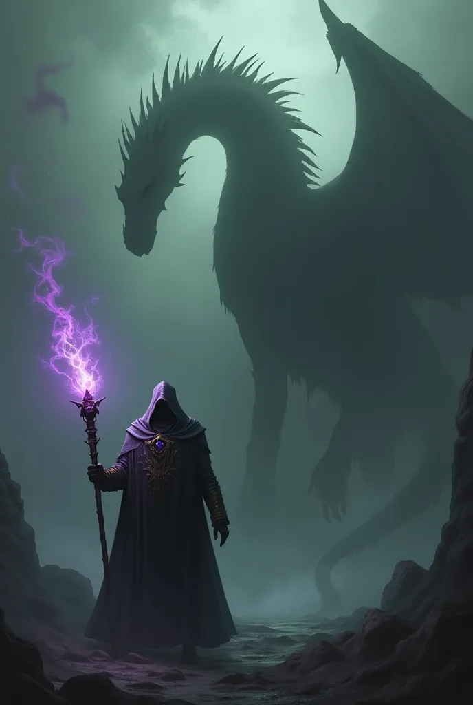 dark background of the outline of a giant dragon. It is dark and the blurry outline or shadow is black. next to him is a great wizard
