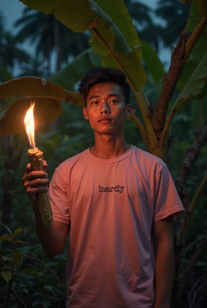 Make a photo of a young Indonesian man, with a slightly filled body, , 20 years old with a clean and handsome face, wearing a pink t-shirt that says " hardy"is standing next to a banana tree with a scared face,and carrying a bamboo torch, at night , very r...