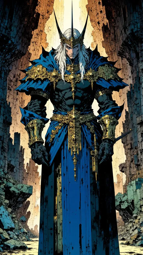  masterpiece, 8K cinematic comic style by Bernie Wrightson and Mike Mignola, An elf,  tall and impeccable posture , Vaelnor wears cerulean armor with gold ornaments. His gray-blond hair falls down to his shoulders, and your brown eyes carry the experience ...