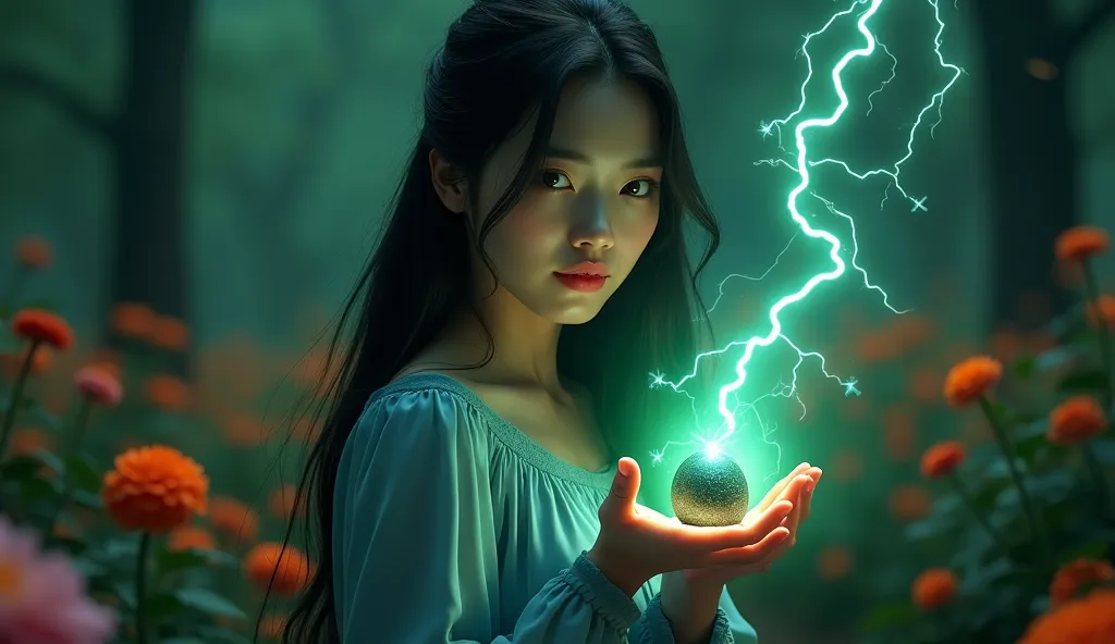 a young beautiful lady with long black hair wearing a blue dress, her two hands holding a lightning glowing green tiny black stone in the dark forest. scattered lightning glowing green and orange surrounded his body.  The background is a dark, beautiful ga...