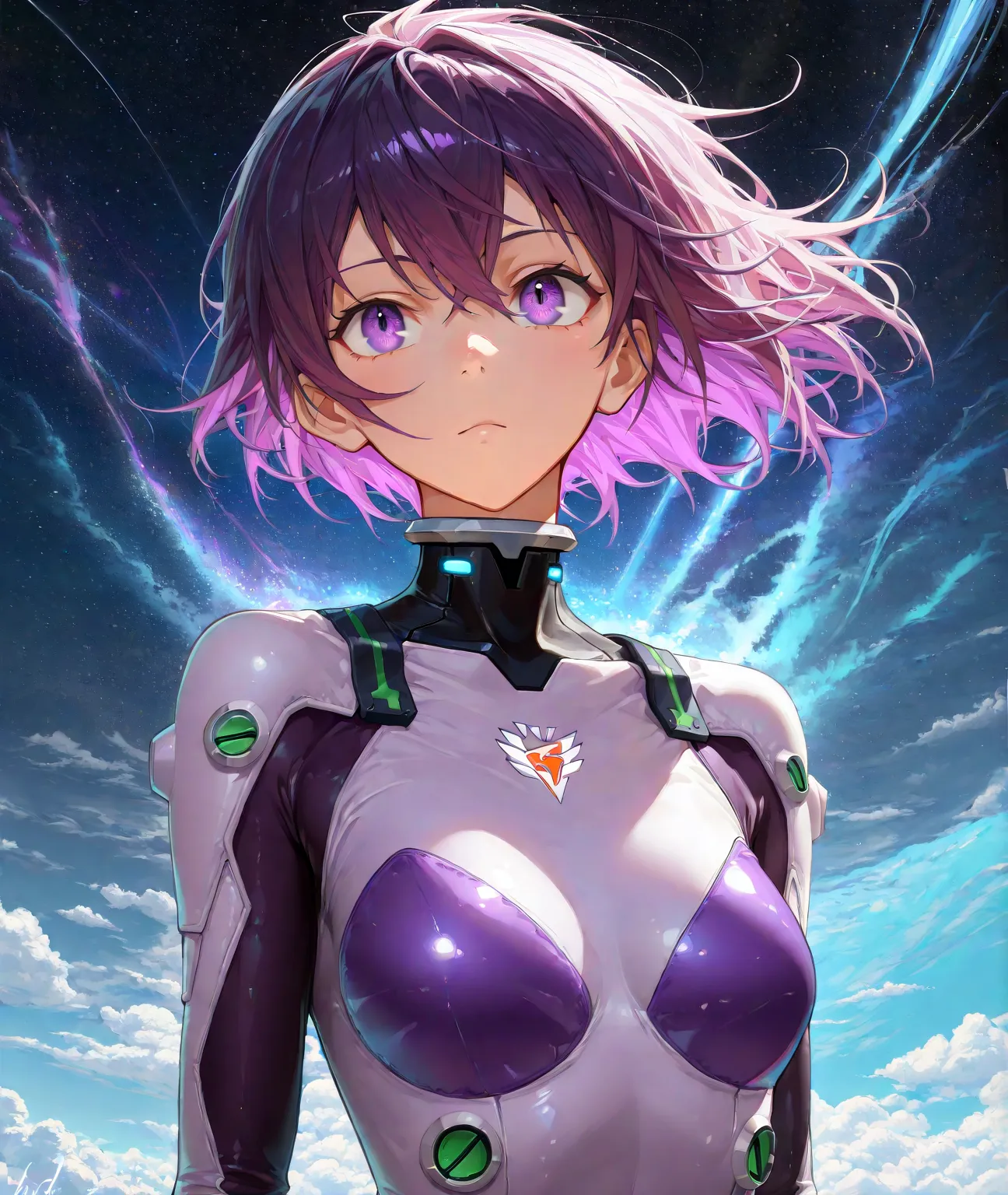 A beautiful anime fighter girl, shoulder length purple hair, mesmerizing detailed purple eyes, pilot suit, (best quality,4k,8k,highres,masterpiece:1.2),ultra-detailed,HDR,UHD,ultra-fine painting,sharp focus,physically-based rendering,extreme detail descrip...