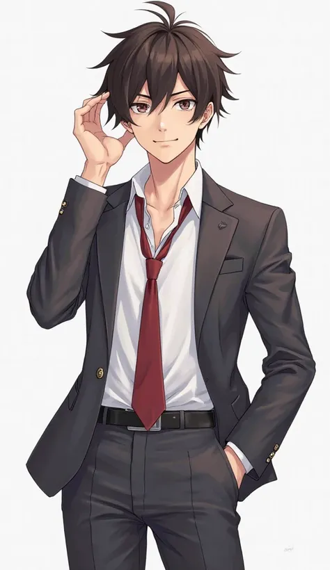 "A full-body, 2D anime-style illustration of Yuuto Takashi, a high school student with a mature and slightly rebellious charm. He has messy dark brown hair, sharp and confident eyes, and a subtle yet teasing smirk. He wears a standard Japanese high school ...