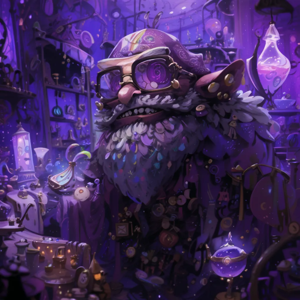 Interior dIt is aa loja de bugigangas roxas ,It is a (Guinomo Macho )in a purple wizard outfit , 