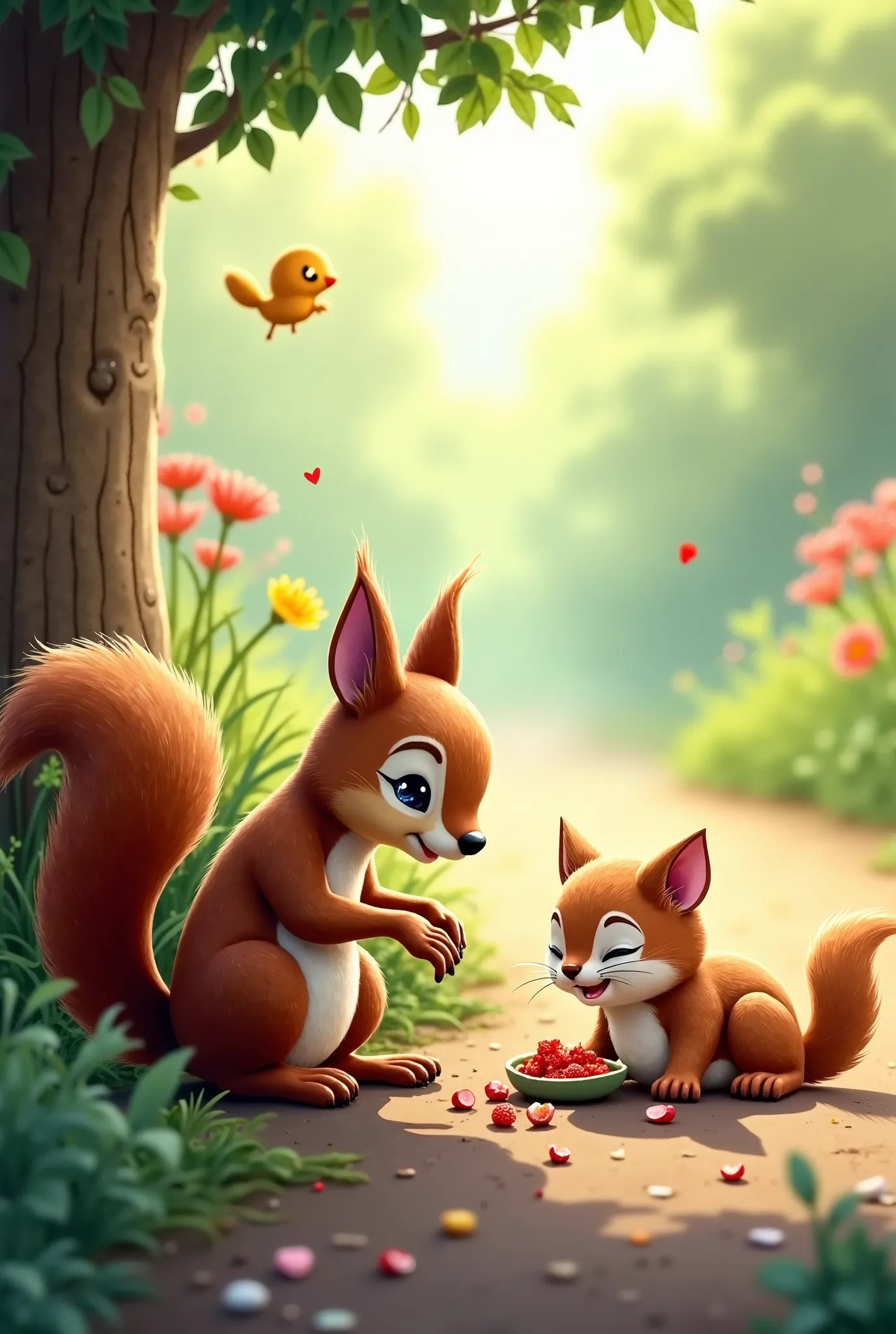 "A kind squirrel has brought nuts and fruits from a tree and placed them in front of an exhausted kitten lying by the roadside. The squirrel looks at the kitten with concern, while the kitten slowly eats the food. The environment is filled with lush green ...