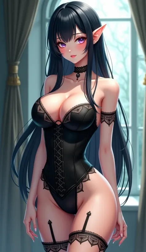 Female anime character black-haired elf, with small black panties and garters that highlight the leg, black full corset fitted at the waist,  average breasts 