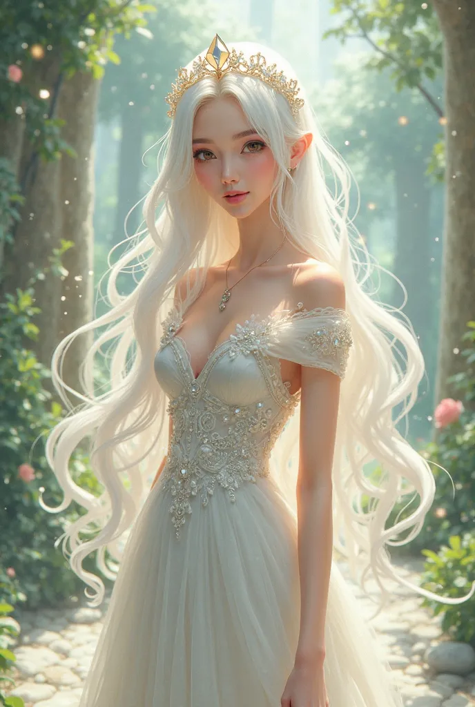 An anime princess has white long hair with her eyes brown, wearing an elegant white dress and crown