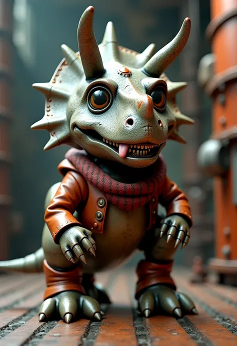 A hyper-realistic, ultra-high-definition 4K render of a bizarre yet charming creature, a vintage Triceratops made entirely of old, corroded metal. Its body is primarily metal, with a slightly dulled, worn texture, showcasing signs of rust, scratches, and a...