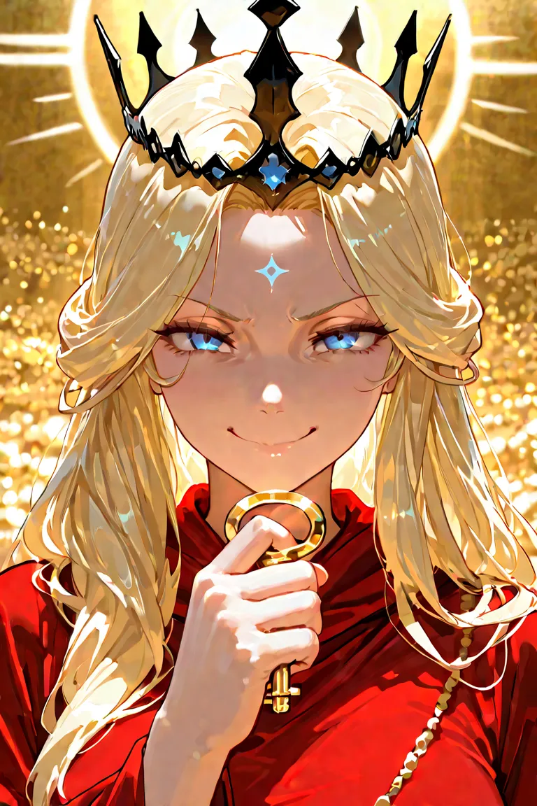 masterpiece, best quality, highest resolution, 1goddess, solo, shiny blonde hair, smile, blue eyes, red robe, heaven background, dramatic lighting, detailed background, cinematic composition, gold background, Hoard, black crown, mean face, chin up, mocking...