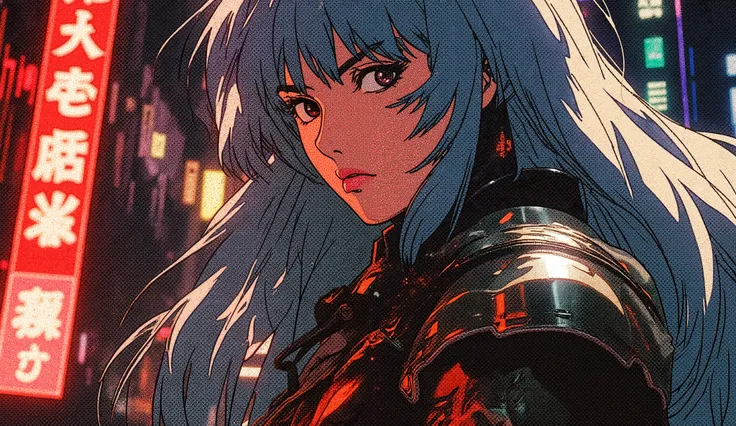 A retro anime cyberpunk samurai girl in a dramatic close-up shot, her determined eyes glowing red beneath her cybernetic visor. Her long silver hair flows in the wind, and neon lights reflect off her metallic armor. Her cyber katana hums with electric ener...