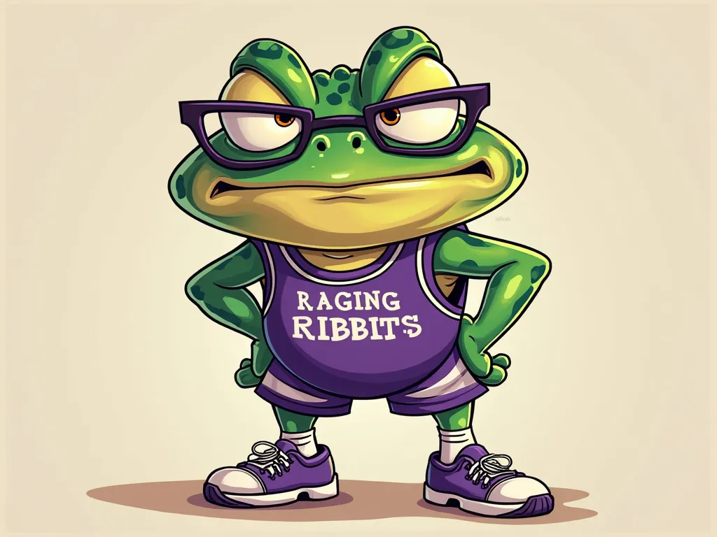 Create a cartoon-style humanoid frog with an exaggerated angry expression. The frog should be bright green with bold purple details like spots, stripes, or accessories. It must have big, furrowed eyebrows, a wide frown, and a dramatic stance, like it's abo...